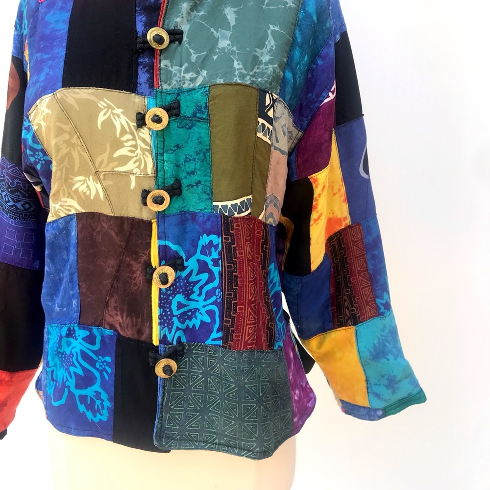 Vintage Patchwork Quilt Batik Mandarin Collar Ray… - image 2